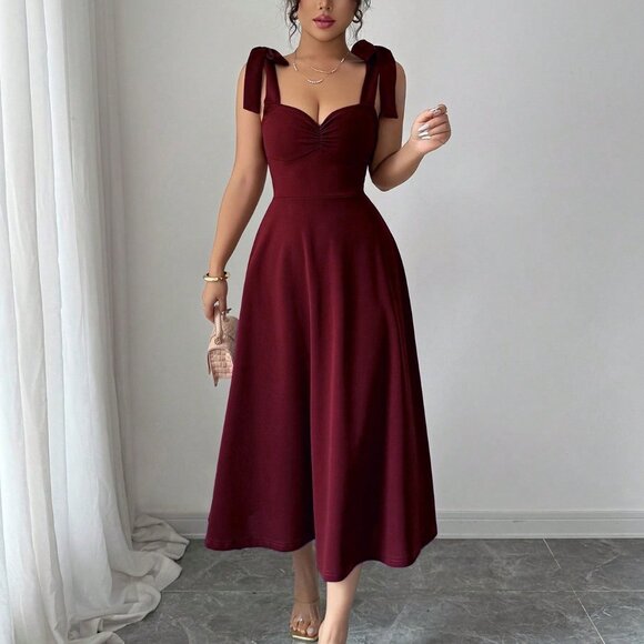 Dresses & Skirts - Burgundy Elegant Women's Sleeveless Tie-Up Cinched Waist A-Line Romantic Dress